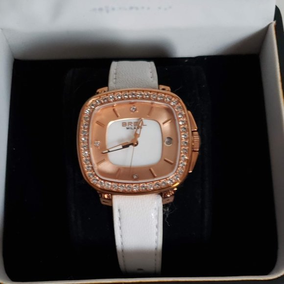 NIB BREIL MILANO Watch Swarovski Crystals Rose Gold white Leather Band TW1318 main image 3